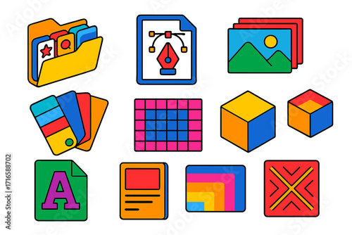 Creative Asset Collection. Isometric vector illustration set Creative assets: icon library folder, vector design file, stock photo