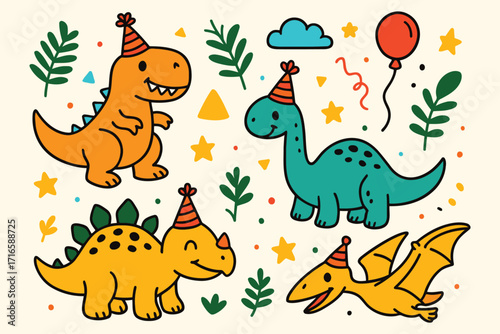 Cute cartoon dinosaurs wearing party hats celebrating a birthday with balloons and confetti
