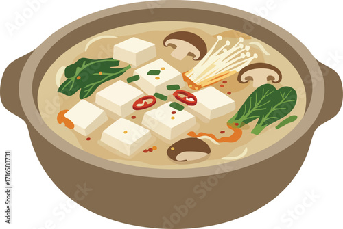 A bowl of tofu stew with mushrooms, spinach, and spices.
