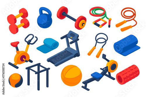 Colorful Gym Equipment Icons. Isometric vector illustration set Fitness equipment: dumbbells, kettlebell, barbell with plates,