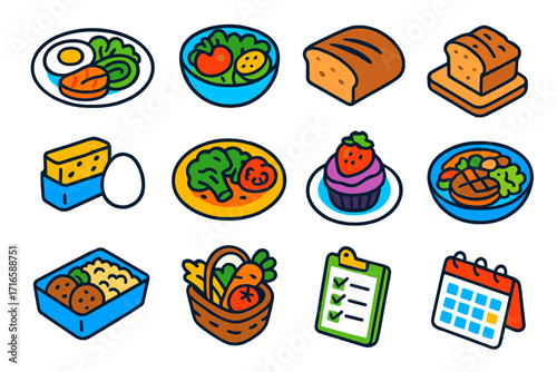 Diet Lifestyle Icons. Isometric vector illustration set Diet and lifestyle goals: keto diet plate, vegan salad, gluten-free bread,