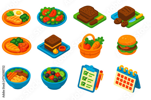 Diet Lifestyle Icons. Isometric vector illustration set Diet and lifestyle goals: keto diet plate, vegan salad, gluten-free bread,