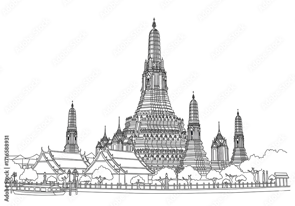 Obraz premium Wat Arun one line drawing