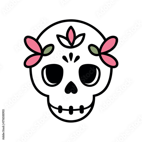 Intricate sugar skull with vibrant floral wreath illustration