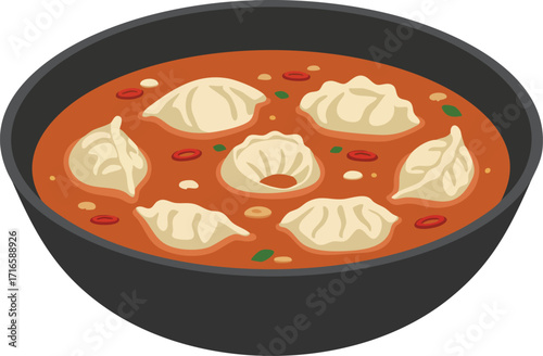 A black bowl of spicy red soup filled with delicious steamed dumplings, garnished with chili and herbs.