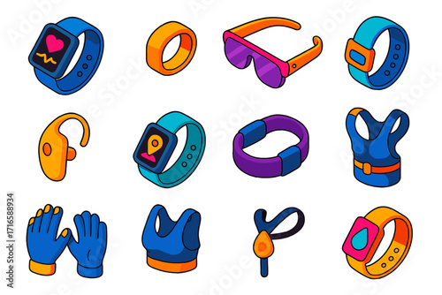 Bold Wearable Technology Icons. Isometric vector illustration set Smart wearable devices: smartwatch, smart ring, AR fitness
