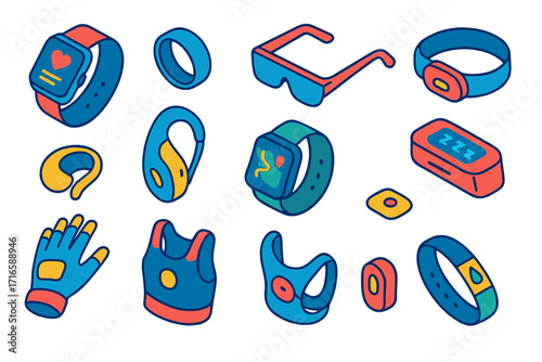 Bold Wearable Technology Icons. Isometric vector illustration set Smart wearable devices: smartwatch, smart ring, AR fitness