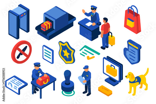 Customs and Security Icons. Isometric vector illustration set Customs and security: metal detector gate, luggage scanner, customs