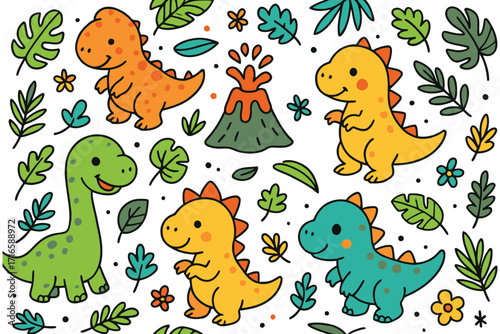 Cute cartoon dinosaurs and volcano surrounded by tropical leaves and flowers