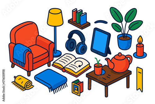 Cozy Reading Nook. Isometric vector illustration set Cozy evening reading: armchair, open book, headphones with audiobook, tablet