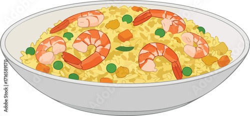A close-up image of a bowl filled with shrimp fried rice, a delicious meal.
