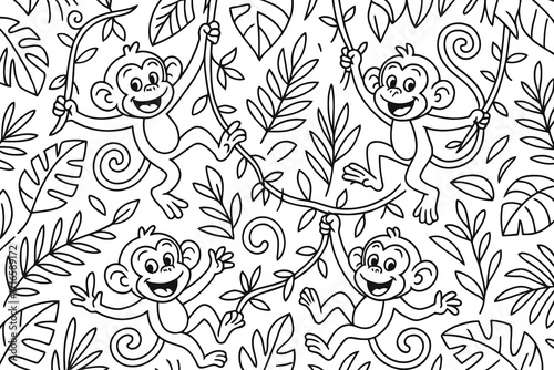 Cute cartoon monkeys swinging on vines in a jungle with tropical leaves