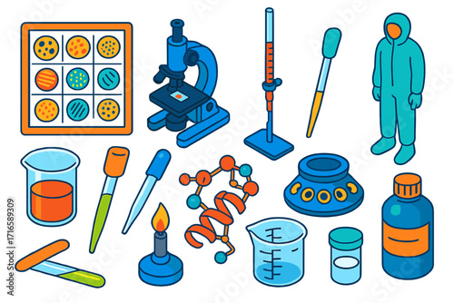 Scientific Lab Equipment Set. Isometric vector illustration set scientific lab equipment and microbiology: bacterial colony