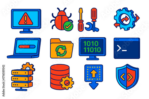 Tech Tools Isometric Icons. Isometric vector illustration set bug fixing and development tools: monitor with warning triangle, bug