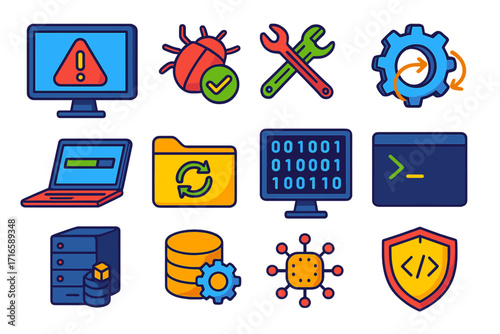 Tech Tools Isometric Icons. Isometric vector illustration set bug fixing and development tools: monitor with warning triangle, bug