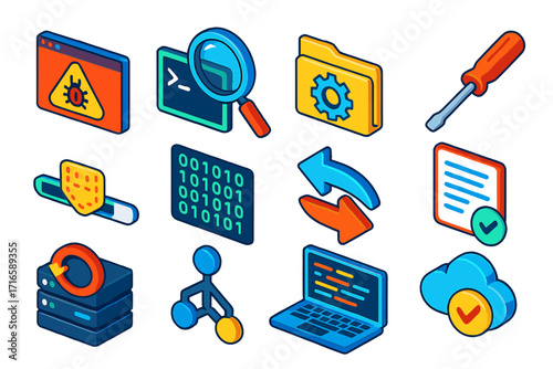 Tech Tools in Action. Isometric vector illustration set bug fixing and development tools: bug warning popup, magnifying glass on