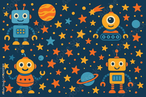 Cute cartoon robots and planets floating in a starry outer space background