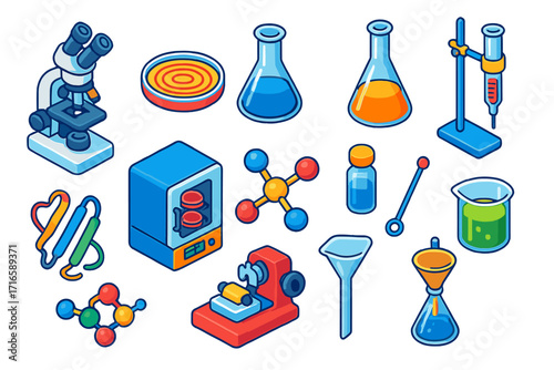 Scientific Lab Equipment Icons. Isometric vector illustration set scientific lab equipment and microbiology: microscope with