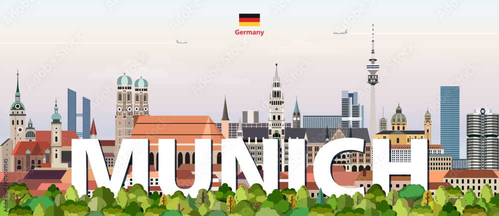 Obraz premium Munich cityscape colorful vector illustration with a big city name on the background. Travel trendy poster