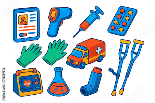 Healthcare App Iconography. Isometric vector illustration set healthcare app icons: tablet with patient data, thermometer gun,