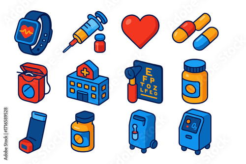 Healthcare Icon Set. Isometric vector illustration set healthcare app icons: smartwatch with pulse tracker, syringe and vial,