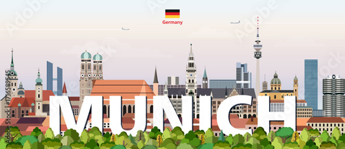 Munich cityscape colorful vector illustration with a big city name on the background. Travel trendy poster