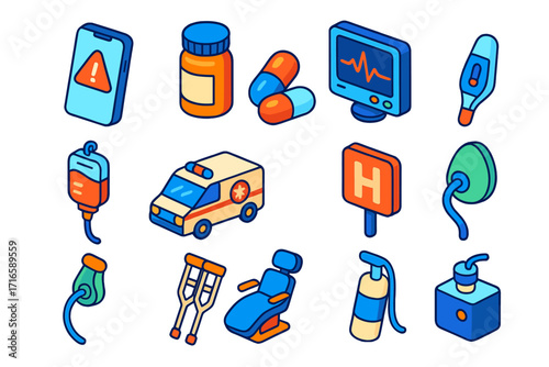 Healthcare App Icons. Isometric vector illustration set healthcare app icons: phone with emergency alert, pill bottle, capsules,