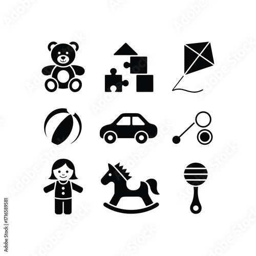 Collection of diverse classic children's toy icons rendered in a simple black and white silhouette style