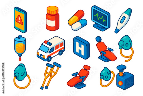 Healthcare App Icons. Isometric vector illustration set healthcare app icons: phone with emergency alert, pill bottle, capsules,