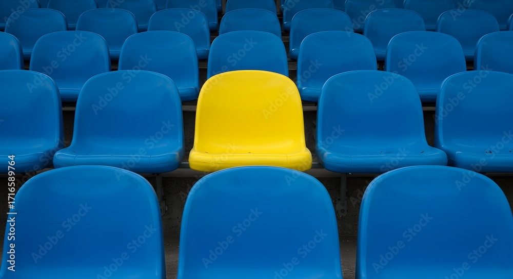 Fototapeta premium Rows of blue stadium seats, with one yellow seat among them - concept of uniqueness