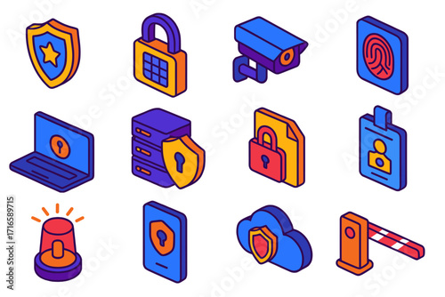Security Icons Showcase. Isometric vector illustration set security: shield with star, electronic padlock, surveillance camera,