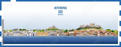 Athens skyline with a frame border in the colours of the flag of Greece. Vector illustration