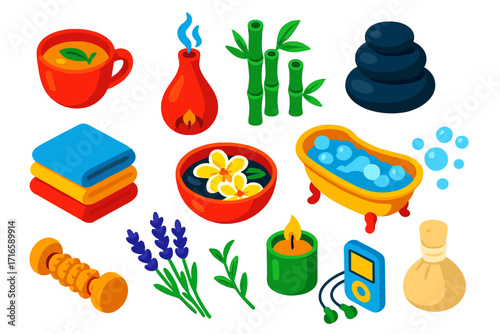 Wellness Icon Set. Isometric vector illustration set relaxation icons for wellness: herbal tea cup, oil diffuser, bamboo shoots,