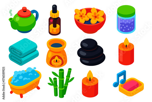 Wellness Icons Collection. Isometric vector illustration set relaxation icons for wellness: herbal tea kettle, dropper oil bottle,