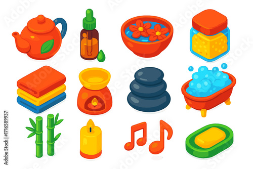 Wellness Icons Collection. Isometric vector illustration set relaxation icons for wellness: herbal tea kettle, dropper oil bottle,