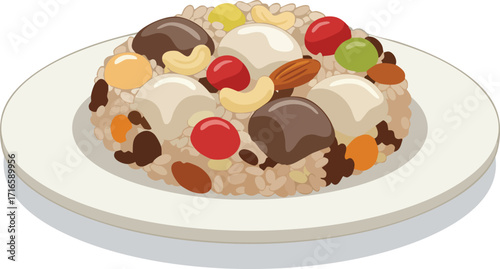 A plate of sweet rice with nuts and candied fruits.