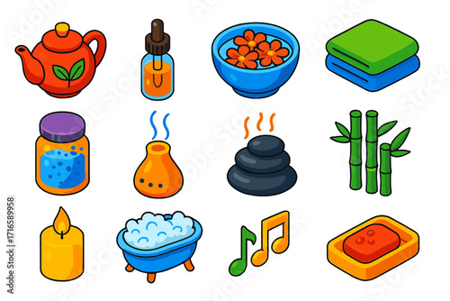 Wellness Icons Collection. Isometric vector illustration set relaxation icons for wellness: herbal tea pot, dropper oil bottle,