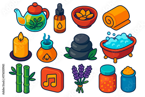 Wellness Relaxation Icons. Isometric vector illustration set relaxation icons for wellness: glass teapot with herbal infusion, oil