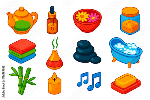 Wellness Icons Collection. Isometric vector illustration set relaxation icons for wellness: herbal tea pot, dropper oil bottle,