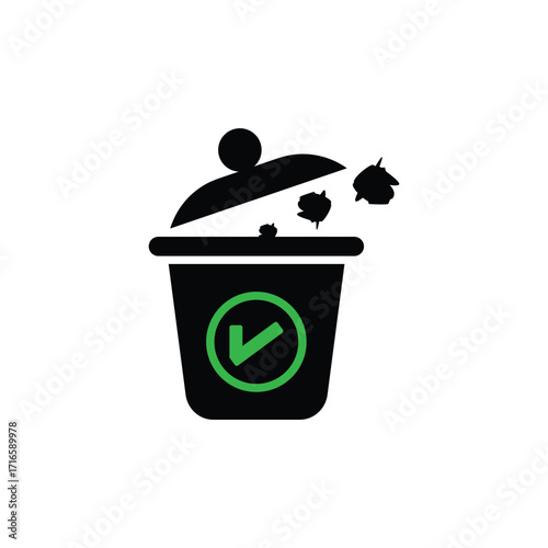 Trash can icon with checkmark and falling leaves