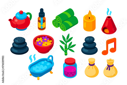 Wellness Relaxation Icons. Isometric vector illustration set relaxation icons for wellness: glass teapot, essential oil dropper,