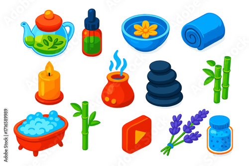 Wellness Relaxation Icons. Isometric vector illustration set relaxation icons for wellness: glass teapot with herbal infusion, oil