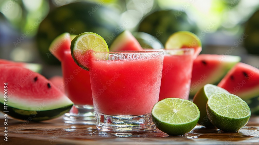 Fototapeta premium Refreshing watermelon and lime drinks on a wooden surface.