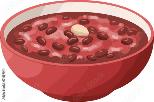 A close-up illustration of a red bowl filled with sweet red bean soup, garnished with a single almond.
