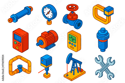 Industrial Automation Icons. Isometric vector illustration set industrial automation: hydraulic actuator, mechanical pressure