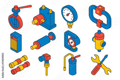 Industrial Automation Elements. Isometric vector illustration set industrial automation: butterfly valve, hydraulic pump,
