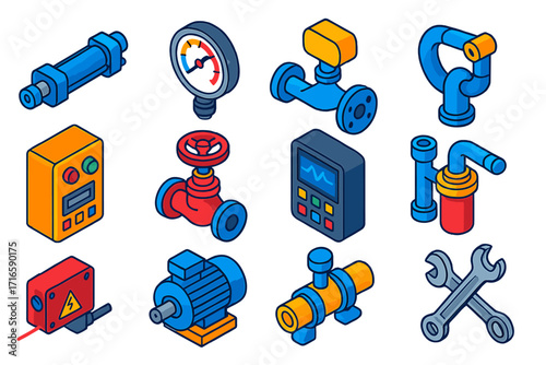 Industrial Automation Icons. Isometric vector illustration set industrial automation: hydraulic actuator, mechanical pressure