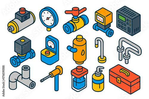 Industrial Equipment Icons. Isometric vector illustration set industrial automation: pneumatic actuator, analog pressure dial,