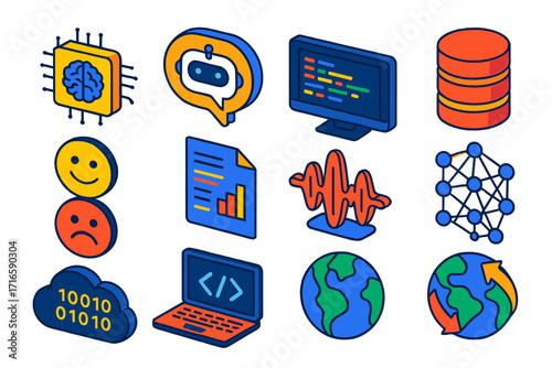 AI Tech Icon Set. Isometric vector illustration set AI, chat, code, NLP, database, sentiment: AI chip brain, chat bubble bot icon,