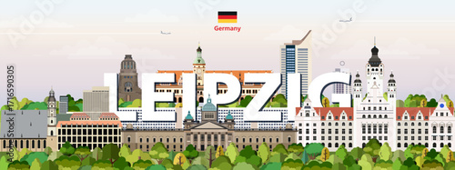 Leipzig cityscape colorful vector illustration with a big city name on the background. Travel trendy poster